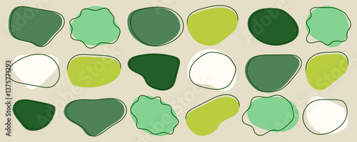 Set of liquid organic shapes, irregular natural form in green colors. Colorful simple freeform, asymmetric blob. Random deformed abstract figures. Modern uneven blots