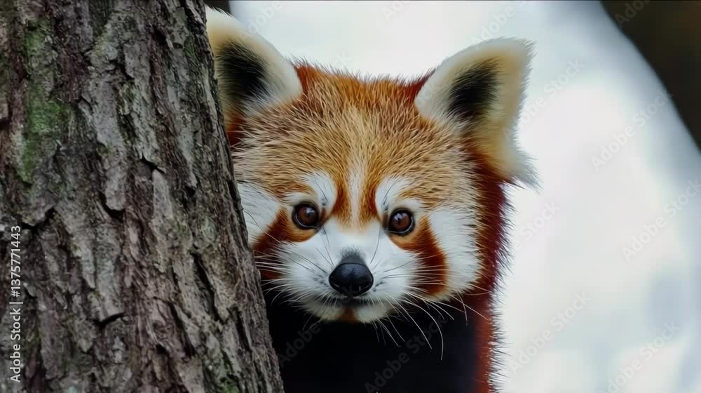 A close-up view of a red panda resting against a tree, showcasing its playful expression. A close-up view of a red panda resting against a tree, showcasing its playful expression.
