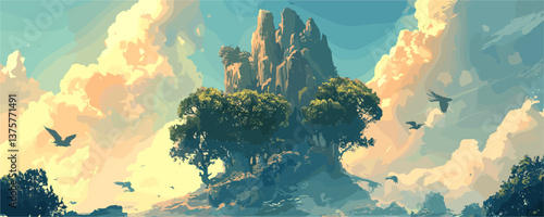 Majestic mountain with birds and trees against dramatic sky, nature landscape vector.