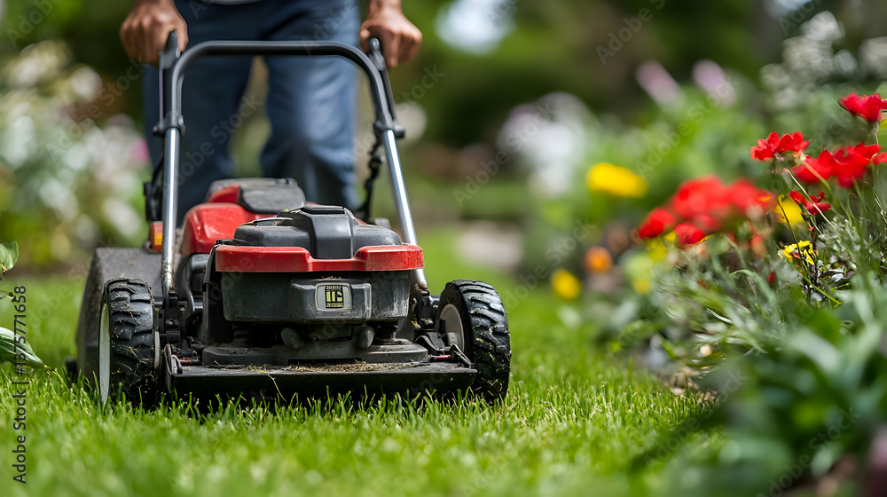Man Mowing Lawn with Red and Black Lawn Mower Man Mowing Lawn with Red and Black Lawn Mower