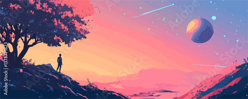 Dreamy alien landscape at sunset with man gazing at distant planet and shooting stars vector.