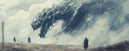 Enormous dragon confrontation in misty landscape with adventurers vector.