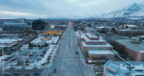 Wallpaper Mural Soaring over small city street during the winter at dusk - drone shot Torontodigital.ca