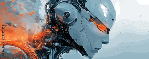 Futuristic cyborg with fiery accents in profile view, science fiction concept – vector.