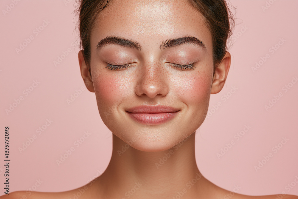 close up portrait of youthful woman with closed eyes, showcasing natural beauty and serene expression against soft pink background