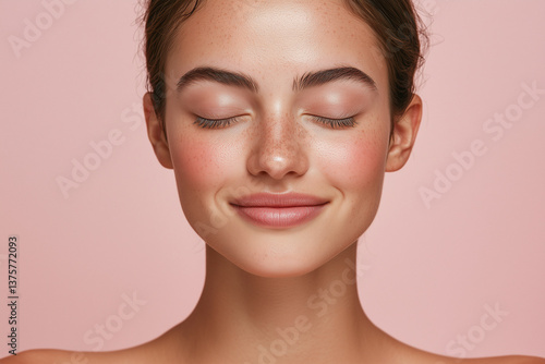 Obraz na płótnie close up portrait of youthful woman with closed eyes, showcasing natural beauty and serene expression against soft pink background w salonie