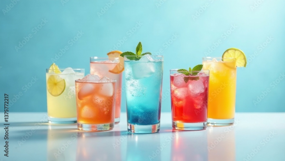Refreshing Summer Beverages in Vibrant Colors A Collection of Iced Drinks with Citrus and Mint Refreshing Summer Beverages in Vibrant Colors A Collection of Iced Drinks with Citrus and Mint