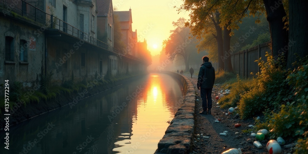 Fototapeta premium Serene Sunset Stroll Along a Canal's Edge, Past Aged Buildings and Gentle Waters, With Scattered Debris Beside a Man Walking
