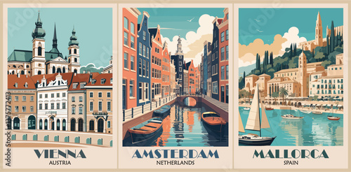 Set of Travel destination posters in retro style. Amsterdam, Vienna, Mallorca cityscape prints. vector colorful art illustrations.