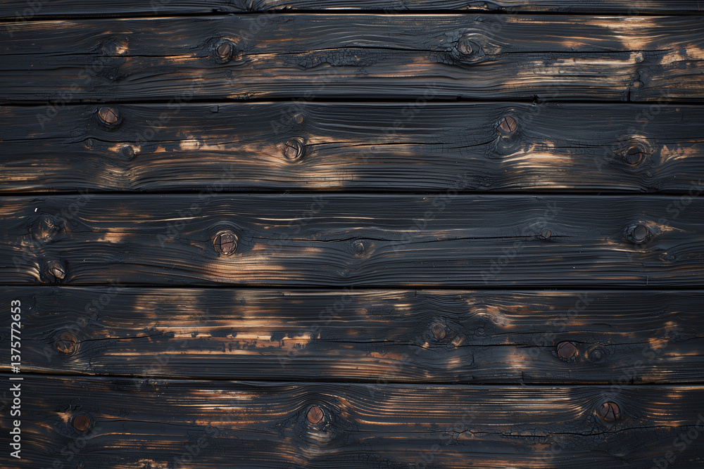 Burnt wood texture with grunge appearance, showcasing blackened and charred surfaces. unique patterns and colors create dramatic and rustic aesthetic