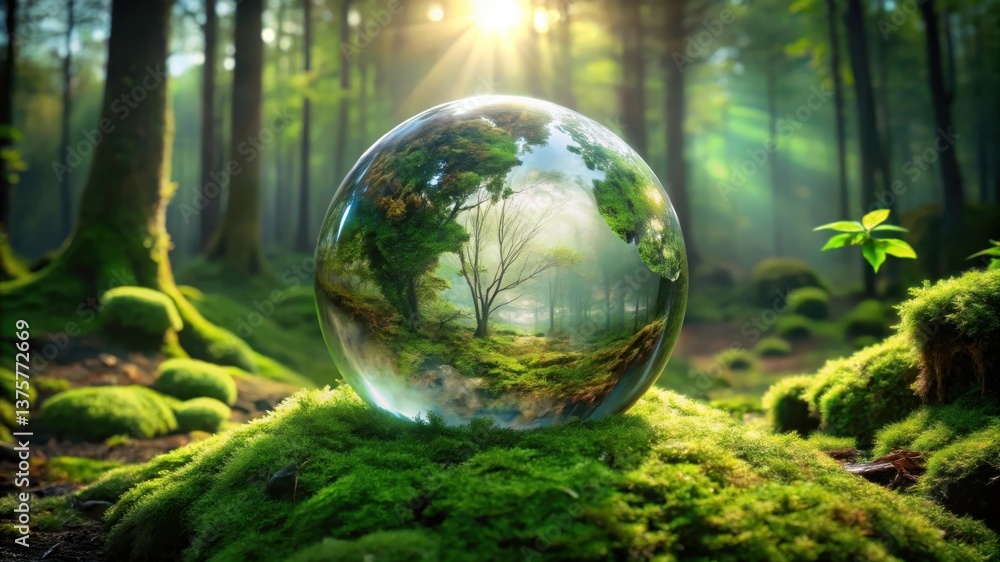 A crystal ball reflects a serene forest scene, surrounded by lush greenery and soft moss, illuminated by gentle sunlight filtering through the trees. A crystal ball reflects a serene forest scene, surrounded by lush greenery and soft moss, illuminated by gentle sunlight filtering through the trees.
