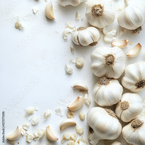 top view of garlic bulbs and garlic cloves lying on a white table