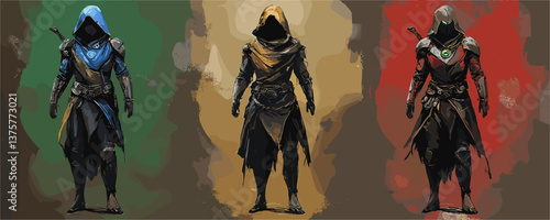 Mysterious hooded figures in colorful robes on a textured background - vector.