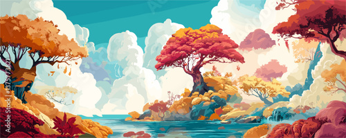 Lush vibrant landscape with colorful trees and clouds, scenic nature background - vector.