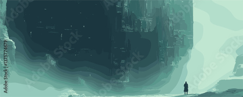Majestic cavern with lone traveler in abstract landscape, green and blue tones – vector.
