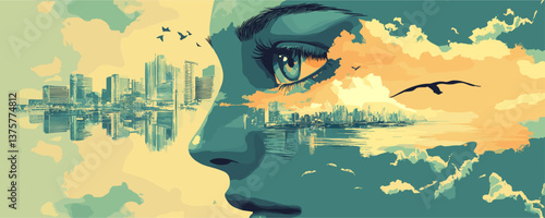 Surreal portrait with cityscape reflections and bird in flight, abstract art vector.