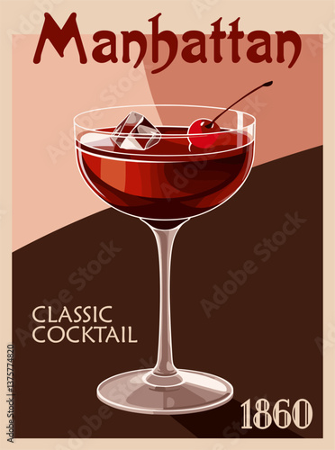 Manhattan Cocktail retro poster. Popular alcohol drink. Vintage flat vector illustration for bar, pub, restaurant decoration, kitchen wall art print