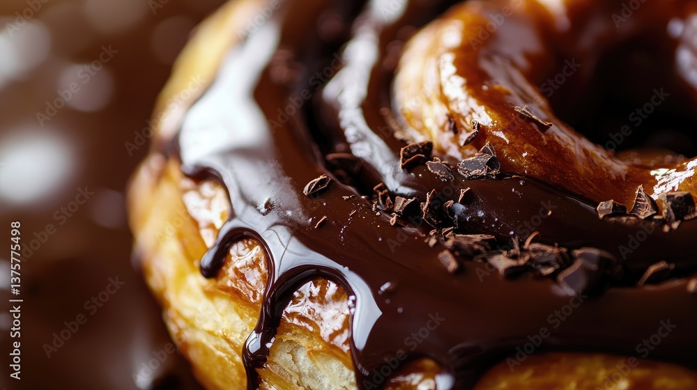 A close-up of a chocolate croissant's layers, with melted chocolate peeking from the edges A close-up of a chocolate croissant's layers, with melted chocolate peeking from the edges