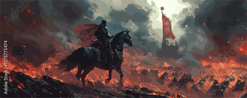 Knight on horseback leading army in fiery battle with flag in background - vector.