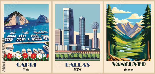 Set of Travel Destination Posters in retro style. Capri, Dallas, Vancuver digital prints. International summer vacation, holidays concept. Vintage vector colorful illustrations