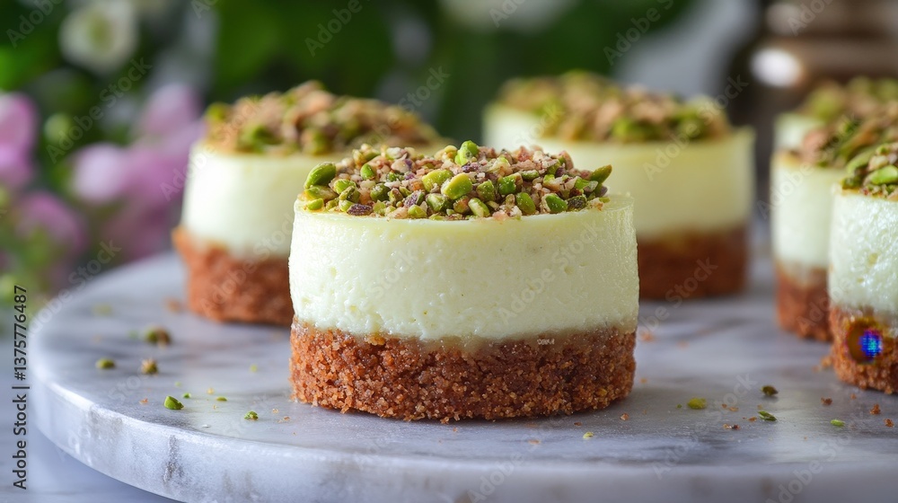 Decadent pistachio cheesecake on cool marble. Creamy layers and nutty crunch create a tempting treat. A touch of rustic elegance Decadent pistachio cheesecake on cool marble. Creamy layers and nutty crunch create a tempting treat. A touch of rustic elegance