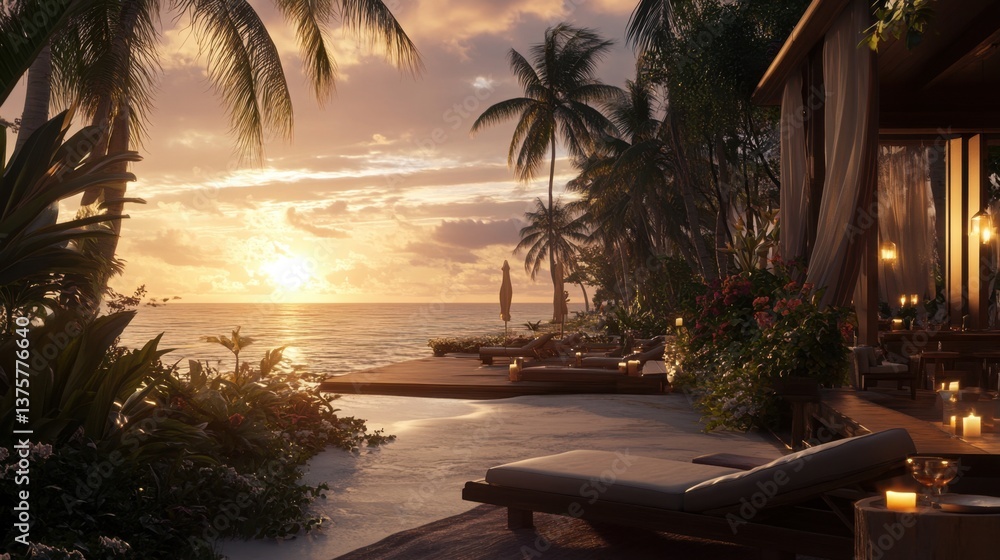 Fototapeta premium A beachfront hotel cocktail lounge with a relaxed tropical ambiance, ocean breeze, and sunset glow.