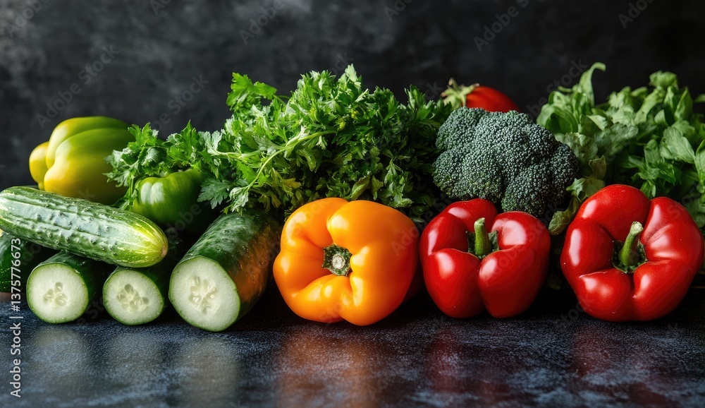 Fresh, vibrant vegetables arranged on a dark surface. Colorful peppers, cucumbers, broccoli, and leafy greens Fresh, vibrant vegetables arranged on a dark surface. Colorful peppers, cucumbers, broccoli, and leafy greens