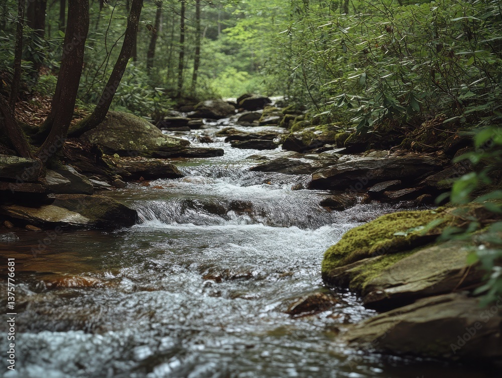 Crystal-Clear Mountain Stream Flowing Over Mossy Rocks in a Lush Forest, Sunlight Glinting on Water's Surface Crystal-Clear Mountain Stream Flowing Over Mossy Rocks in a Lush Forest, Sunlight Glinting on Water's Surface