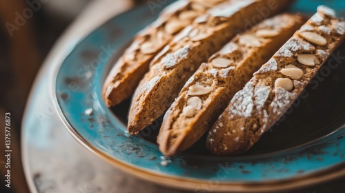 A close-up of delicate almond biscotti arranged neatly on a ceramic plate.