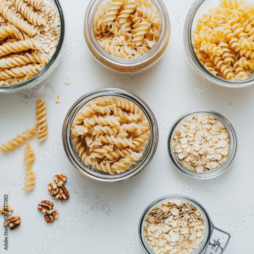 Pasta and oatmeal in glass jars on white background on kitchen.Top view 