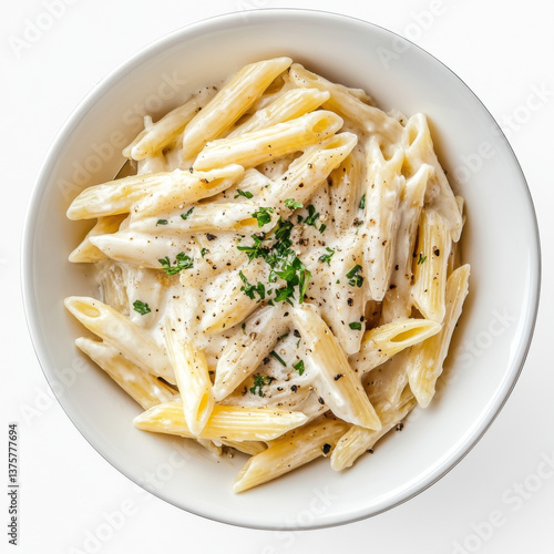 Garlic Parmesan Alfredo penne Pasta, white bowl, top view, food photography, very yummy, white background
