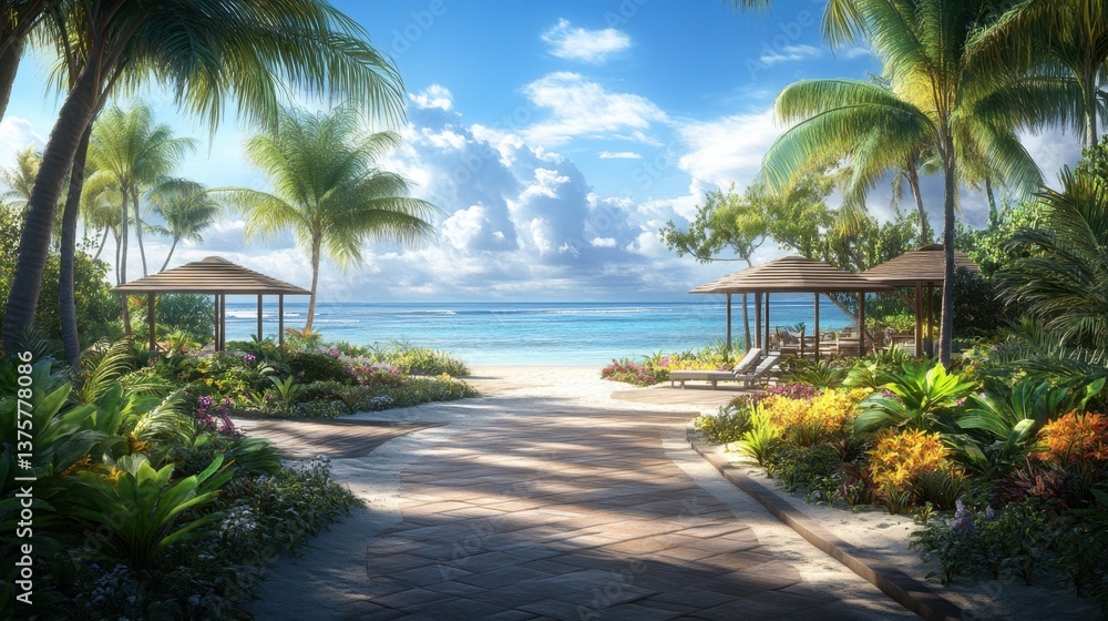 Fototapeta premium A beachfront hotel tropical garden with shaded cabanas, exotic plants, and soft sunlight.