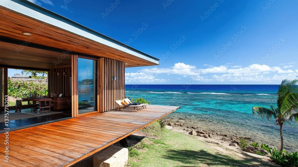 A beachfront hotel wooden bungalow with open sliding doors and a direct view of the sea. A beachfront hotel wooden bungalow with open sliding doors and a direct view of the sea.