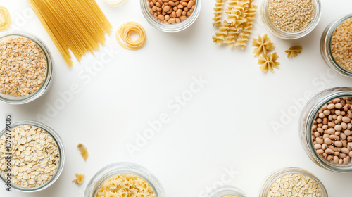 carbohidrates such as pasta, oats, brown rice, quinoa, beans in glass jars on a white background. 