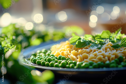  Close-up Shot right view | EMOTION: realistic as possible | SCENE: Serving ditalini pasta with peas and parmesan, 