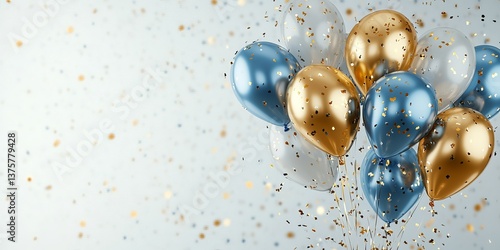 Birthday party background with golden and blue balloons and confetti, for festive invitations, celebration flyers or birthday-themed social media postspostcards, congratulations