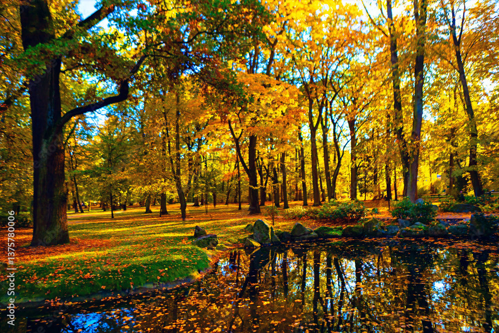 Autumnal park scene with vibrant fall foliage. Calm reflections of trees in a tranquil park pond