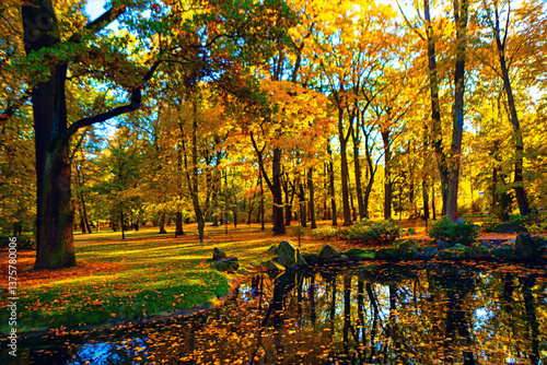 Obraz na płótnie Autumnal park scene with vibrant fall foliage. Calm reflections of trees in a tranquil park pond w salonie