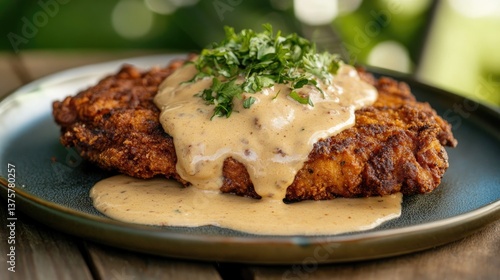 A crispy golden-brown chicken fried steak smothered in creamy white country gravy on a plate.