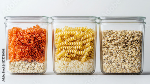 a beautiful picture of glass food containers of fusilli noodles, oat and rice on white background.