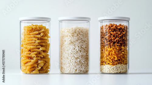 a beautiful picture of glass food containers of fusilli noodles, oat and rice on white background. Minimal. Isolated on pristine white background. 