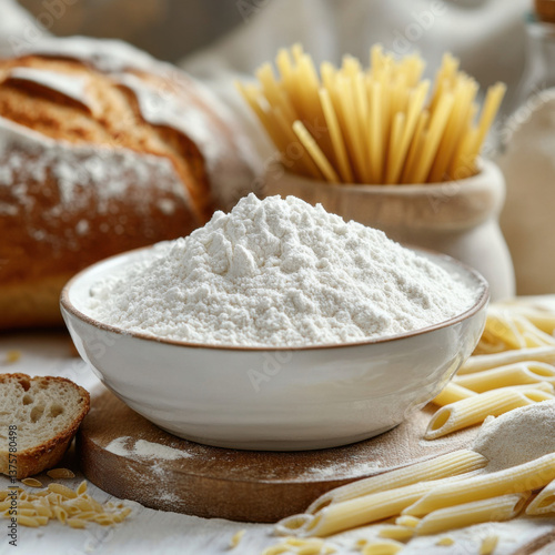 A bowl of white flour on the table, with some bread and pasta nearby. The background is a white wooden board with penne pasta and a loaf 