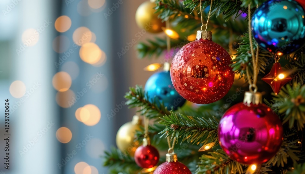 The Christmas tree is adorned with an array of colorful baubles, which catch the light and create a beautiful, sparkling effect against the backdrop of blurred shiny lights. The Christmas tree is adorned with an array of colorful baubles, which catch the light and create a beautiful, sparkling effect against the backdrop of blurred shiny lights.