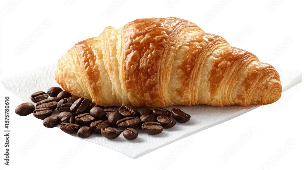 A croissant resting on a white napkin, surrounded by coffee beans for a cozy caf vibe A croissant resting on a white napkin, surrounded by coffee beans for a cozy caf vibe