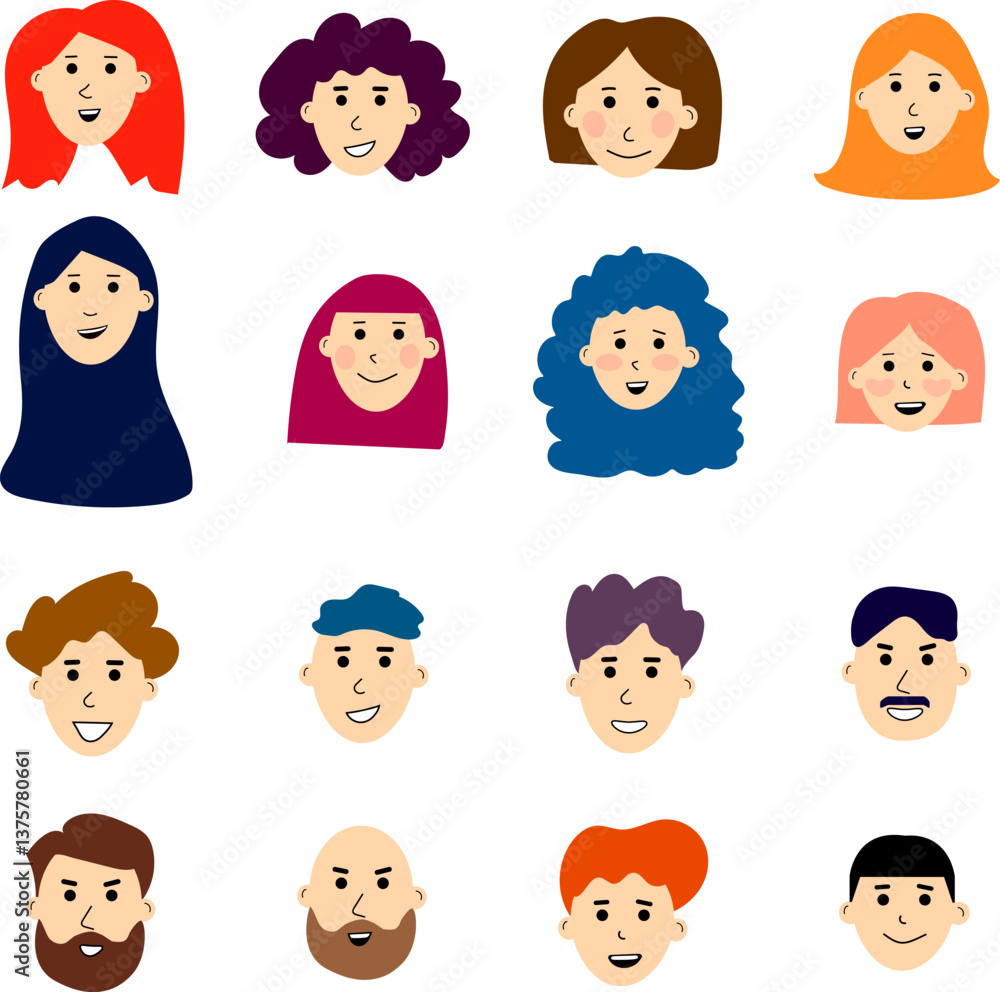 Diverse faces of people with unique hairstyles and expressions in a colorful arrangement celebrating individuality and community Diverse faces of people with unique hairstyles and expressions in a colorful arrangement celebrating individuality and community