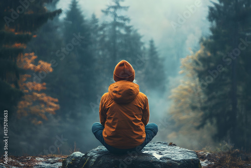 Person in bright orange jacket sits on a rock in a misty pine forest, autumn colors and fog create a calm, adventurous mood.