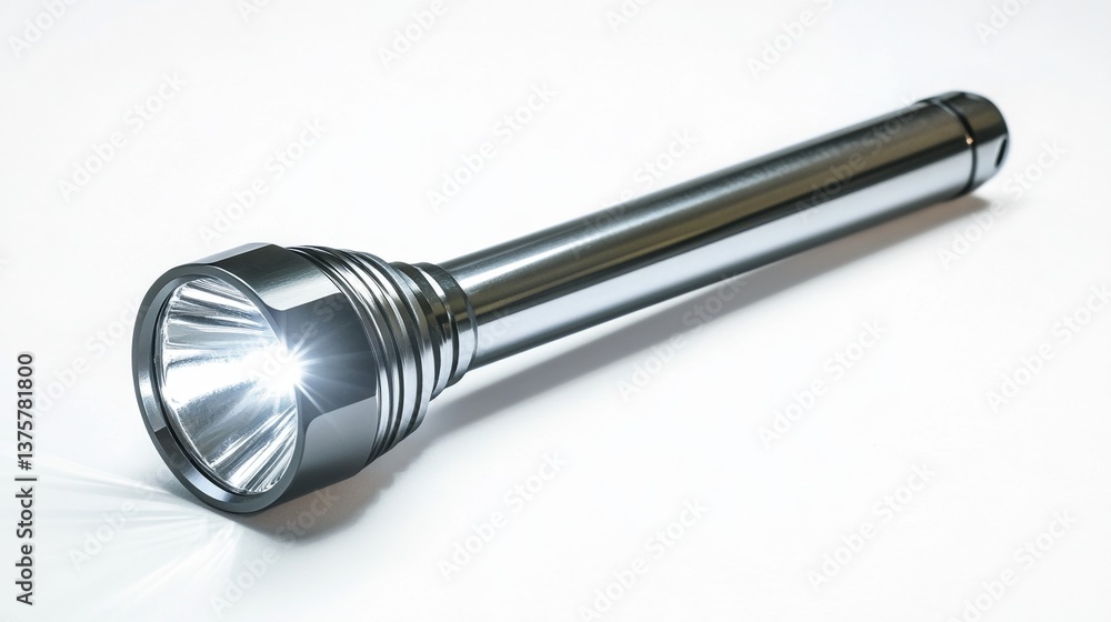 Shiny metal flashlight with reflective lens on white background Shiny metal flashlight with reflective lens on white background