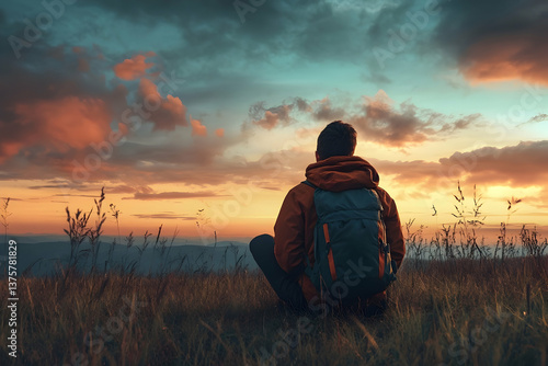 Solo hiker with backpack sits in tall grass watching a colorful sunset, warm clouds and open landscape evoke freedom and reflection.