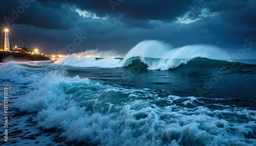 Fierce ocean storm crashing waves at night, nature's power