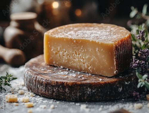  aged parmesan with visible crystals, dramatic lighting, gourmet presentation on white background